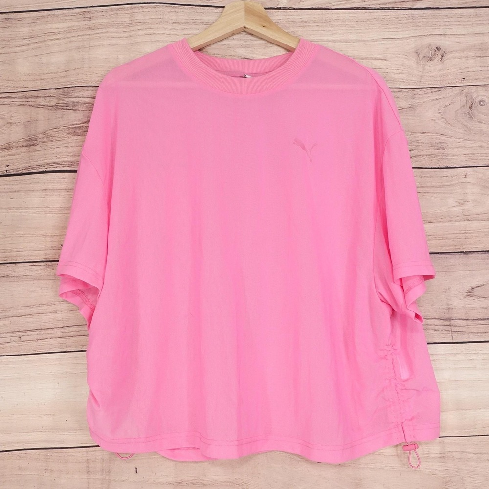Puma Shirt Womens XL Pink Cropped Mesh Short Sleeve Adjustable Hem Athletic